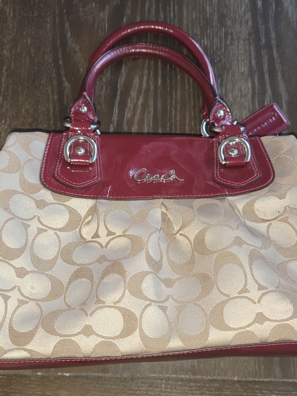 Coach Beige Signature Satchel with Red Patent Trim With Wallet